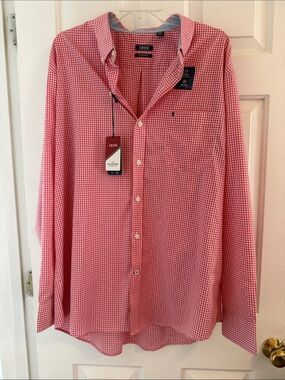 NWT Izod Men's Red and White Gingham Button-Down Shirt, XL, Non-iron Stretch